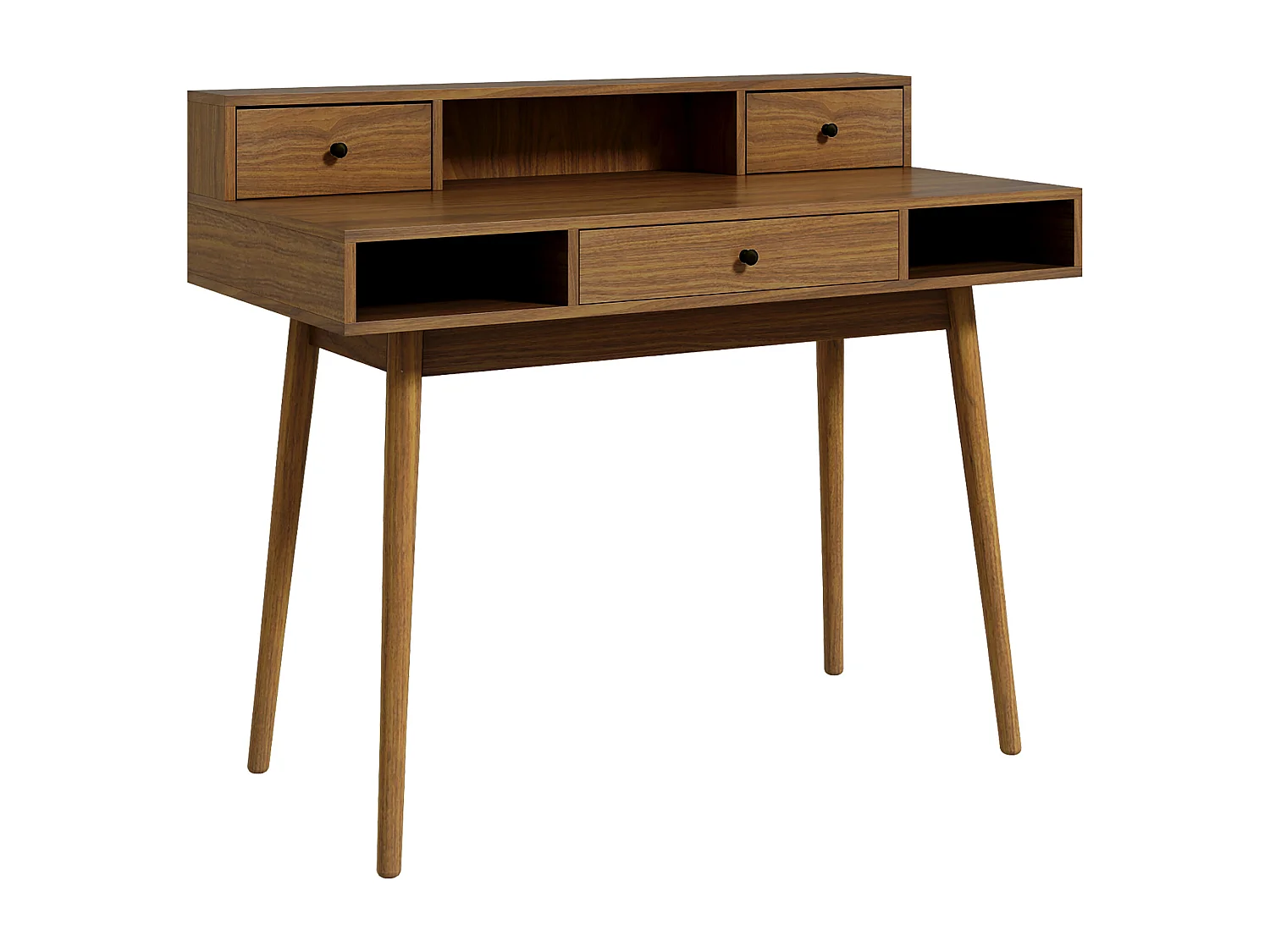 Bureau ordinateur table informatique design vintage avec rangements 3 tiroirs 3 niches pieds en bois massif de pin 110 x 54 x 91,5 cm aspect noyer