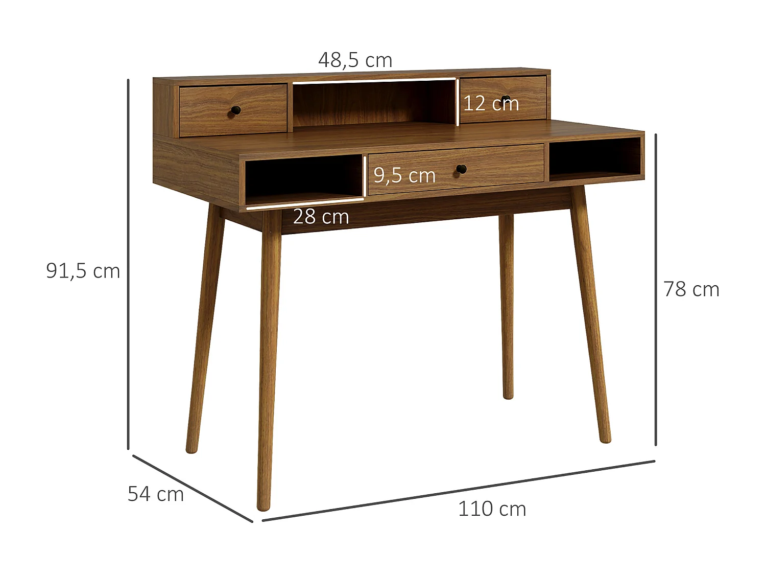 Bureau ordinateur table informatique design vintage avec rangements 3 tiroirs 3 niches pieds en bois massif de pin 110 x 54 x 91,5 cm aspect noyer