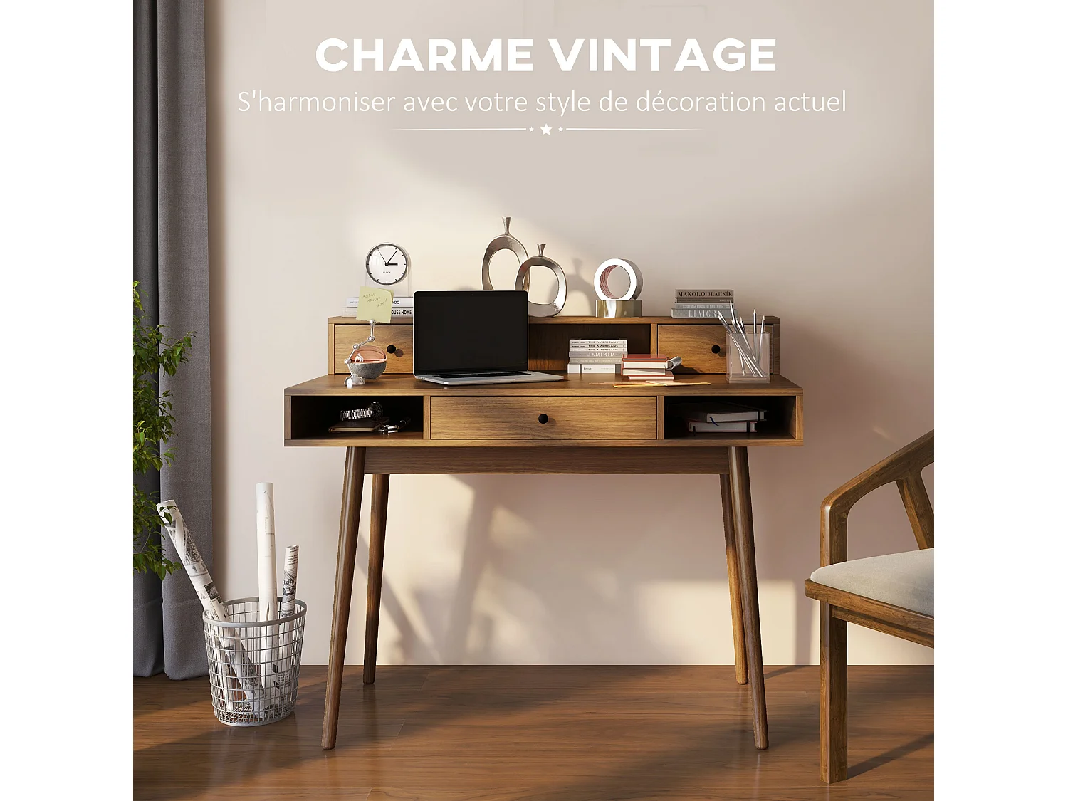 Bureau ordinateur table informatique design vintage avec rangements 3 tiroirs 3 niches pieds en bois massif de pin 110 x 54 x 91,5 cm aspect noyer