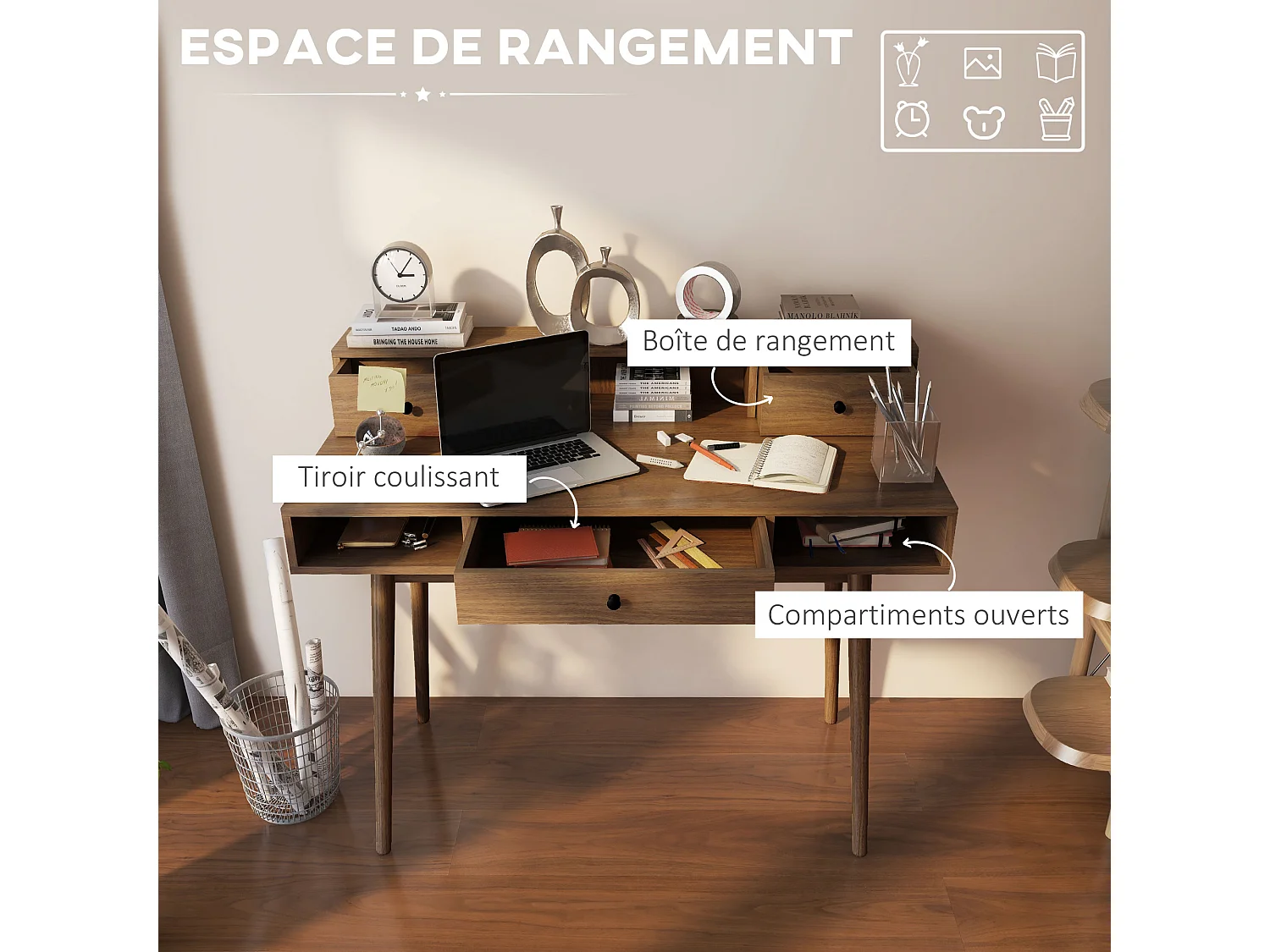 Bureau ordinateur table informatique design vintage avec rangements 3 tiroirs 3 niches pieds en bois massif de pin 110 x 54 x 91,5 cm aspect noyer