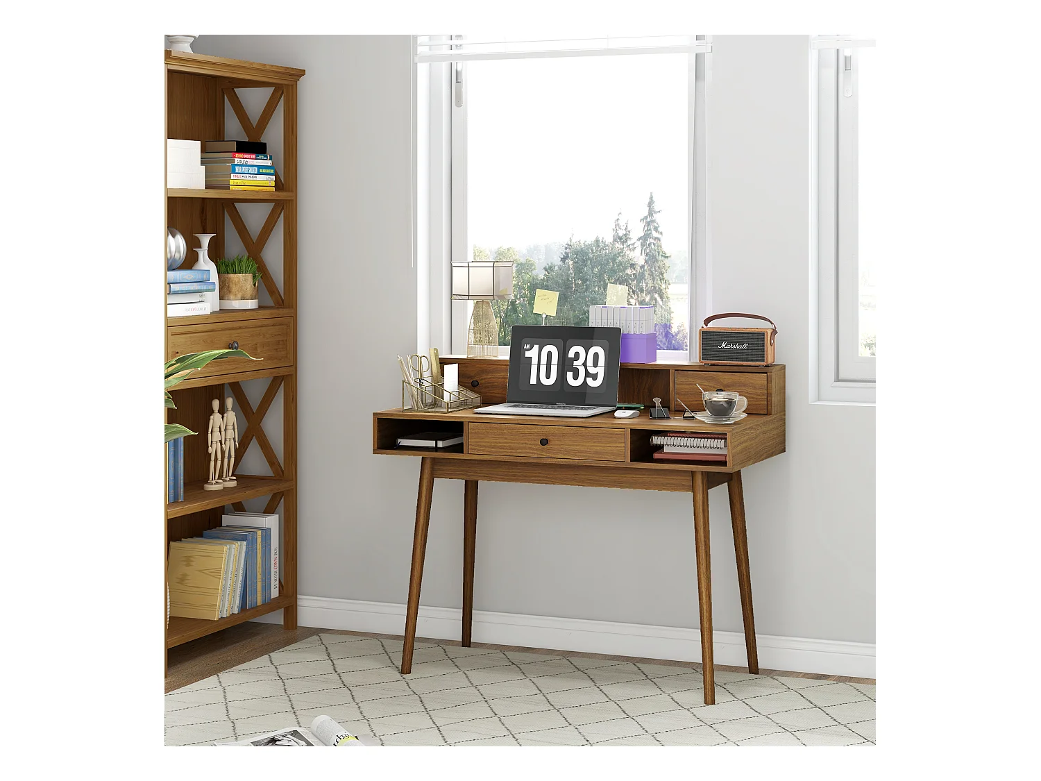 Bureau ordinateur table informatique design vintage avec rangements 3 tiroirs 3 niches pieds en bois massif de pin 110 x 54 x 91,5 cm aspect noyer