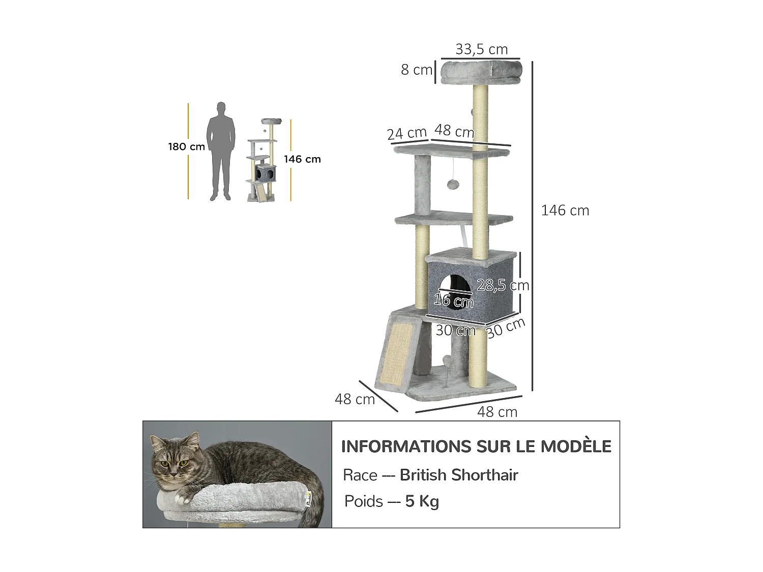 Arbre à chat multi-équipement griffoirs grattoirs plateformes niche panier jeu boules gris