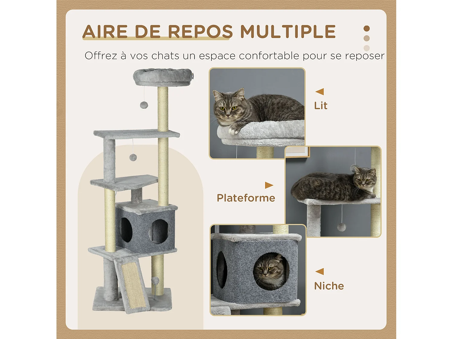 Arbre à chat multi-équipement griffoirs grattoirs plateformes niche panier jeu boules gris
