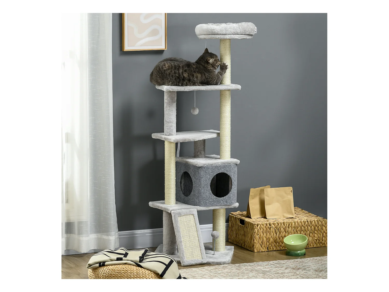 Arbre à chat multi-équipement griffoirs grattoirs plateformes niche panier jeu boules gris