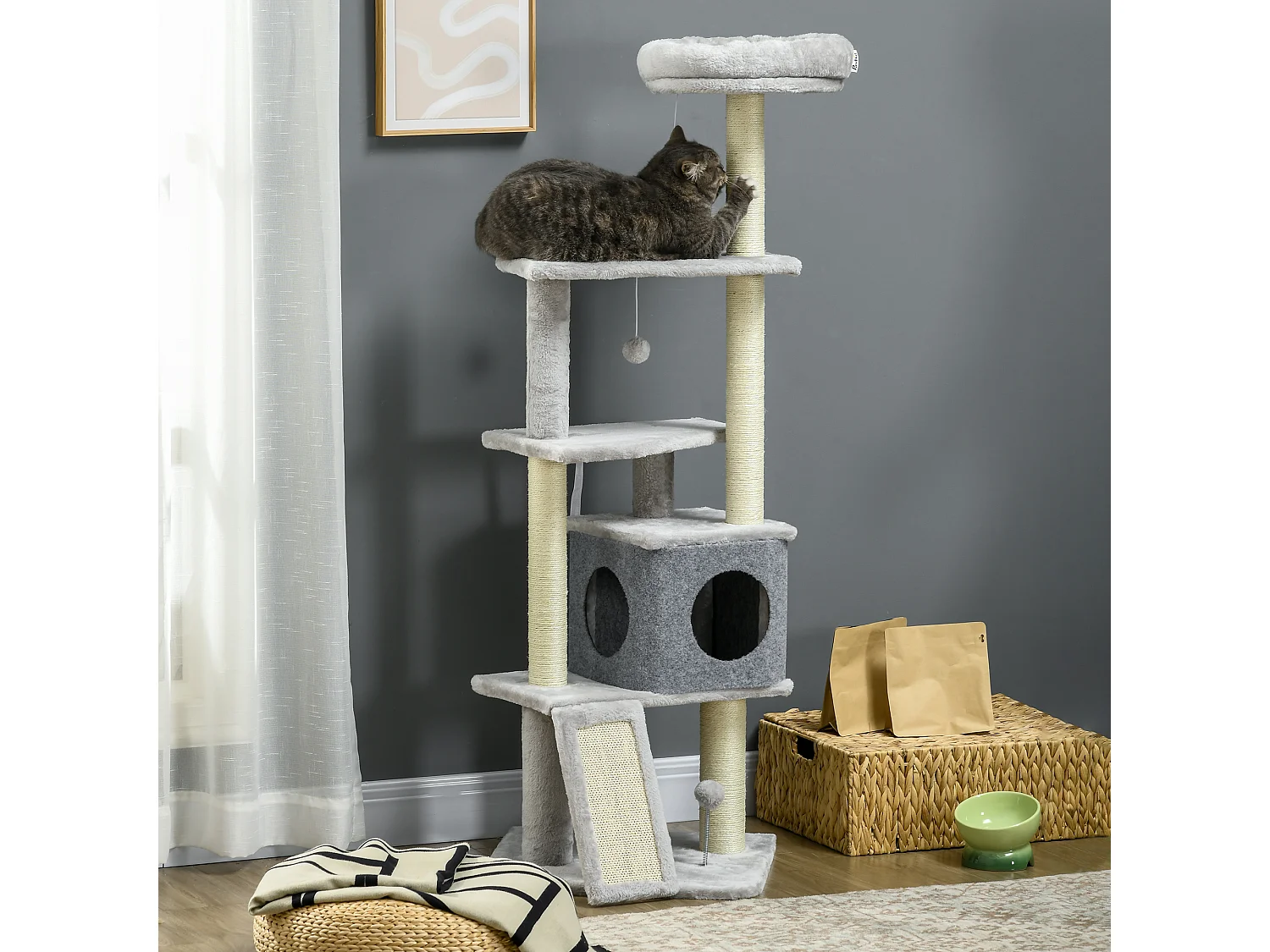 Arbre à chat multi-équipement griffoirs grattoirs plateformes niche panier jeu boules gris