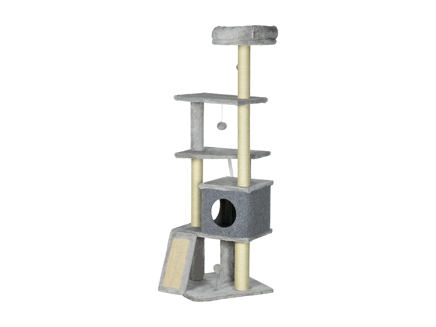 Arbre à chat multi-équipement griffoirs grattoirs plateformes niche panier jeu boules gris