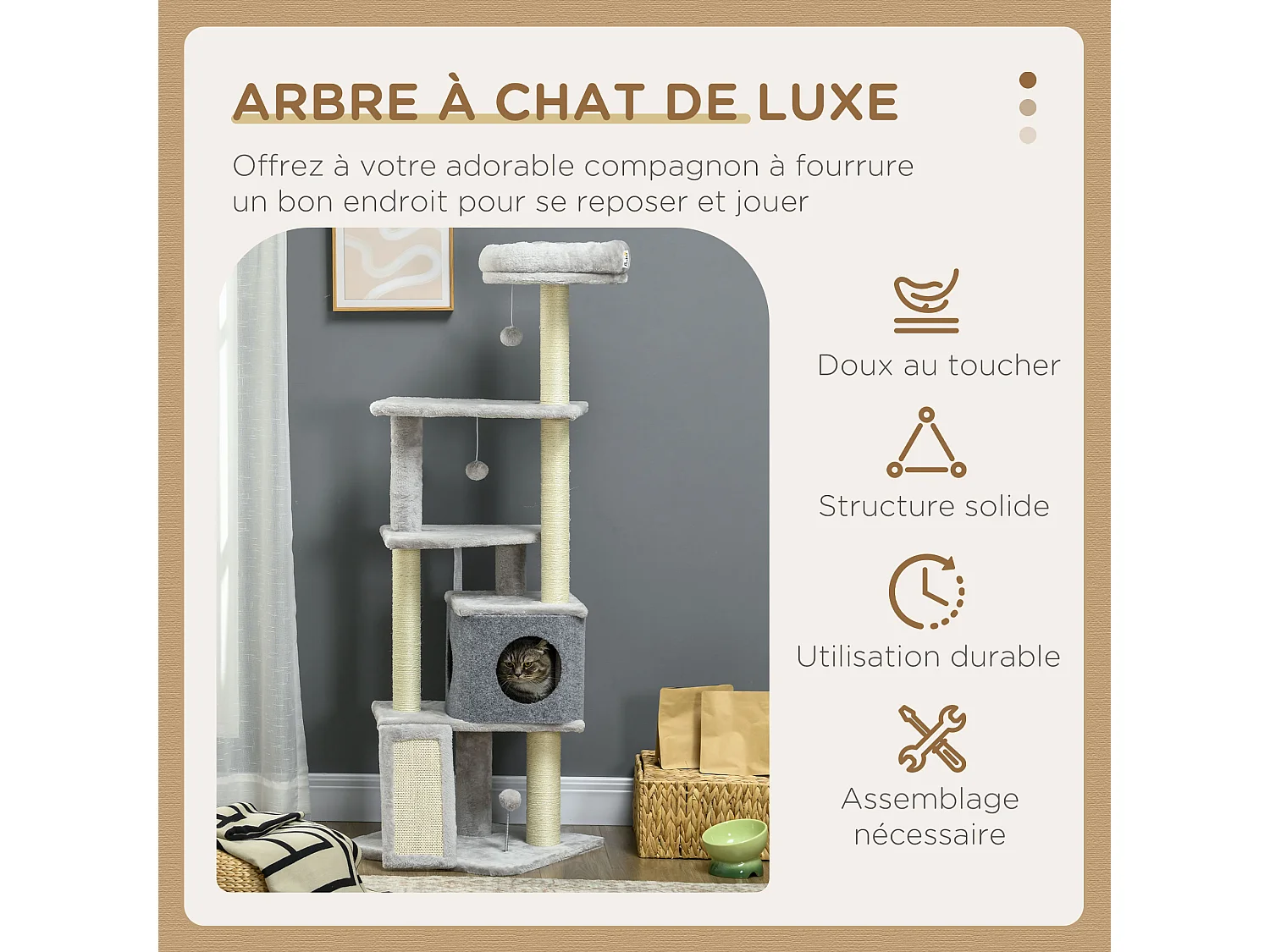 Arbre à chat multi-équipement griffoirs grattoirs plateformes niche panier jeu boules gris