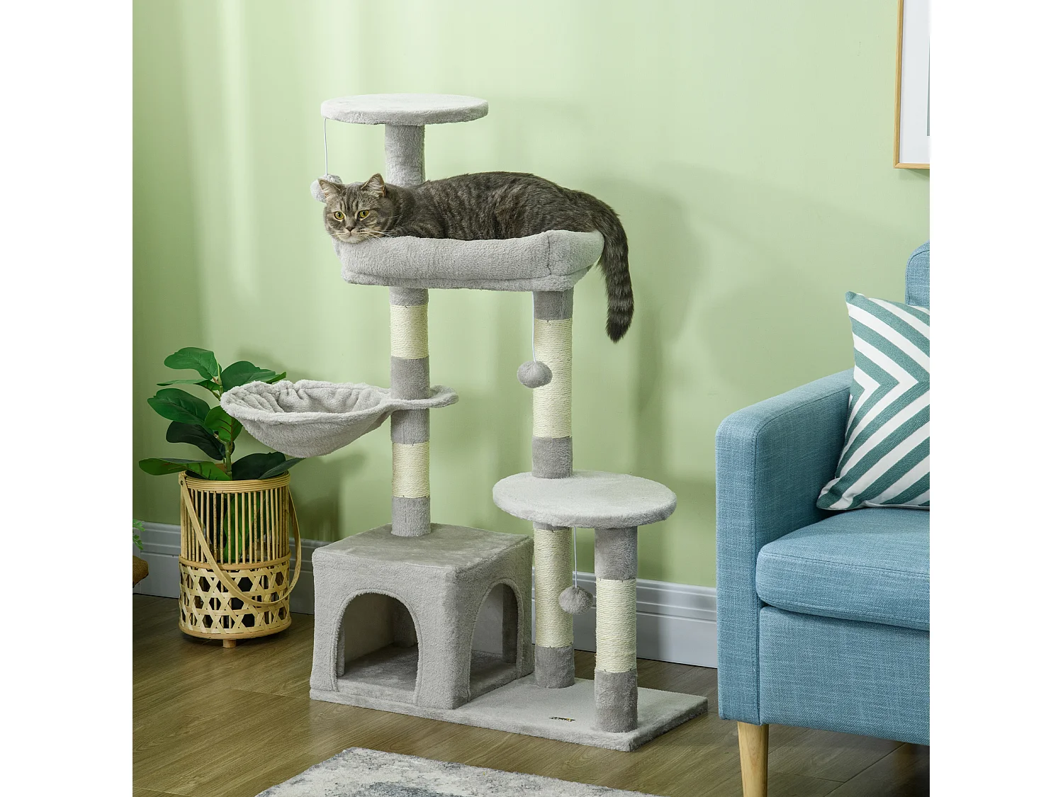 Arbre à chat griffoirs sisal naturel niche plateformes panier hamac jeux boules suspendues peluche gris