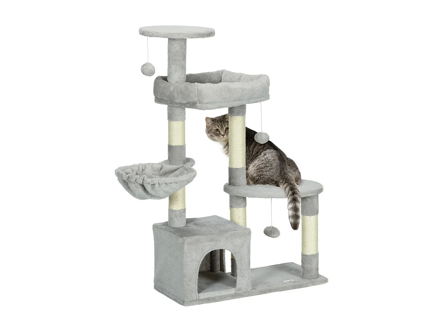 Arbre à chat griffoirs sisal naturel niche plateformes panier hamac jeux boules suspendues peluche gris