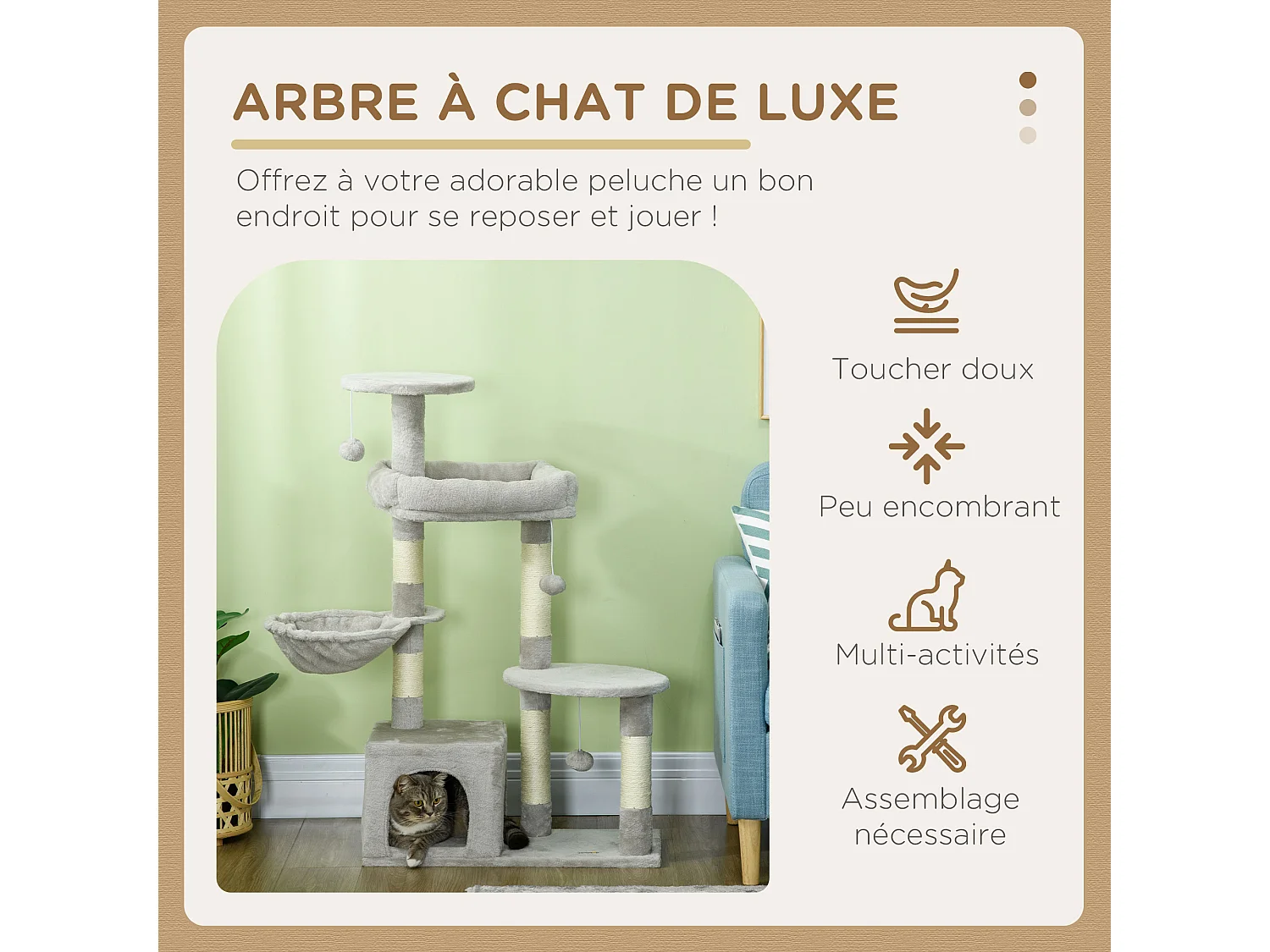 Arbre à chat griffoirs sisal naturel niche plateformes panier hamac jeux boules suspendues peluche gris