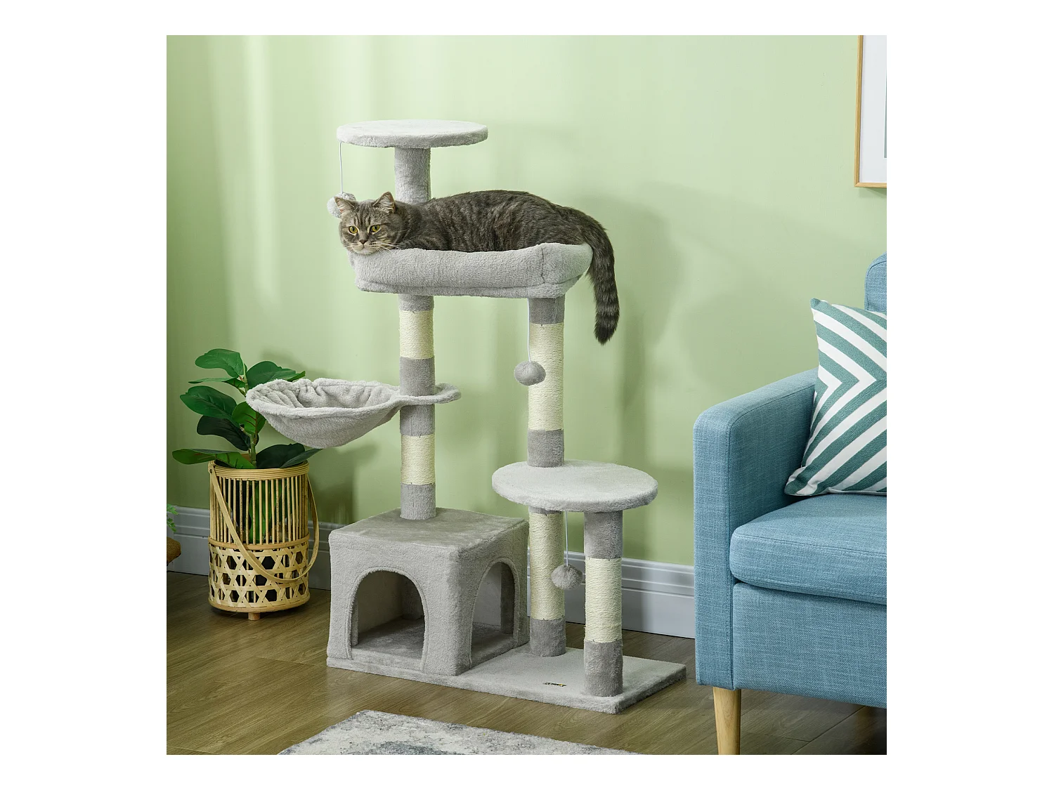 Arbre à chat griffoirs sisal naturel niche plateformes panier hamac jeux boules suspendues peluche gris