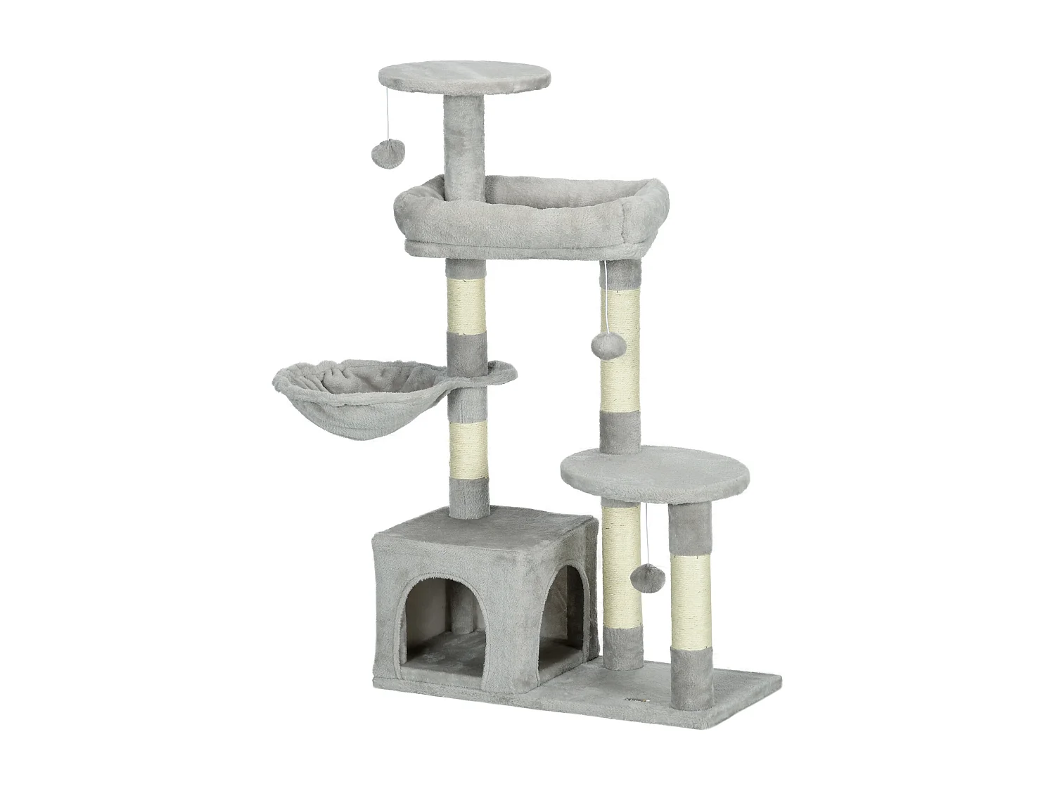 Arbre à chat griffoirs sisal naturel niche plateformes panier hamac jeux boules suspendues peluche gris