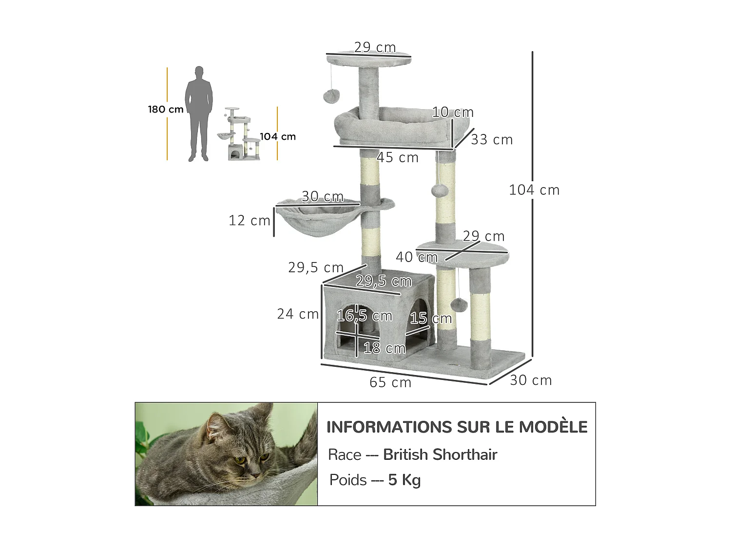 Arbre à chat griffoirs sisal naturel niche plateformes panier hamac jeux boules suspendues peluche gris