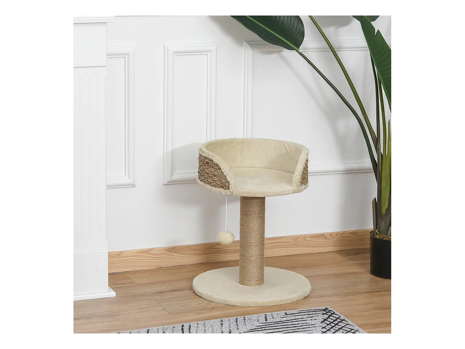 Arbre à chat griffoir 2 niveaux H. 49 cm - poteau sisal, plateforme observation, jeu de boule suspendue - jute polyester beige