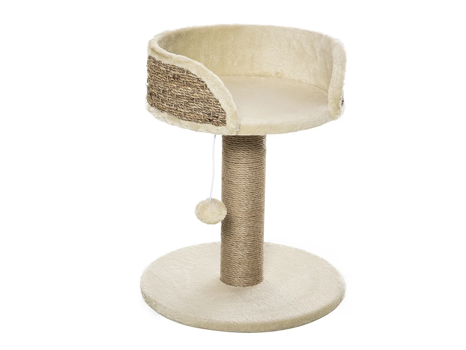 Arbre à chat griffoir 2 niveaux H. 49 cm - poteau sisal, plateforme observation, jeu de boule suspendue - jute polyester beige