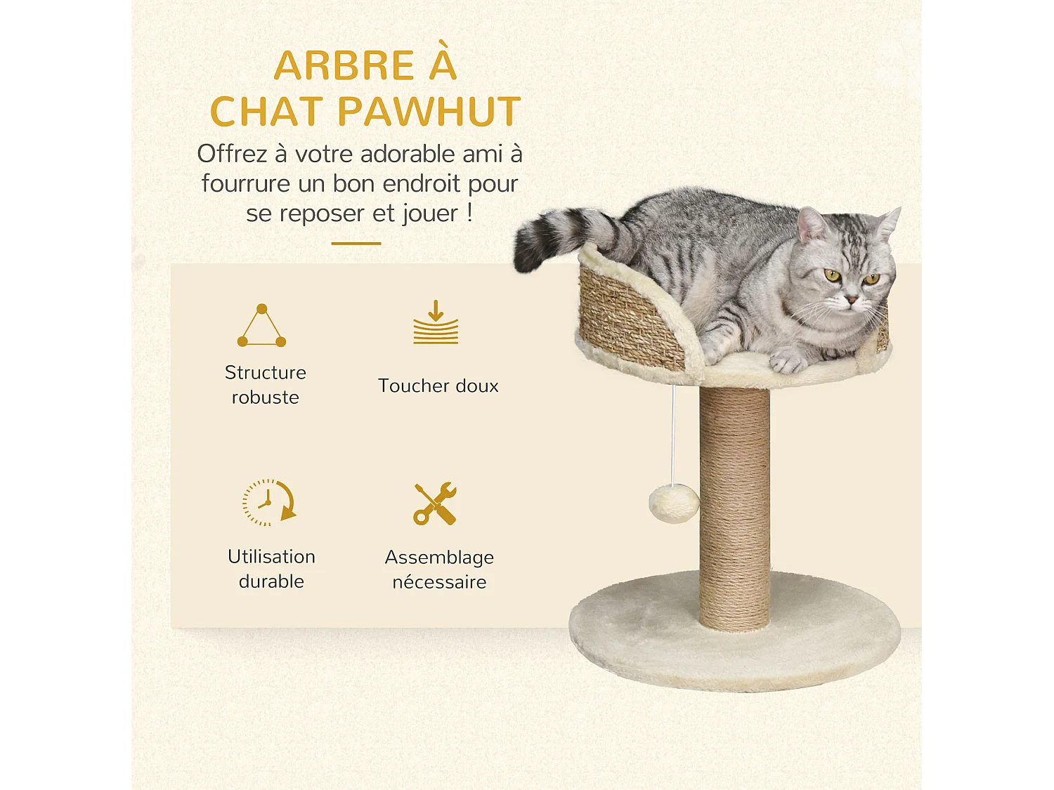 Arbre à chat griffoir 2 niveaux H. 49 cm - poteau sisal, plateforme observation, jeu de boule suspendue - jute polyester beige