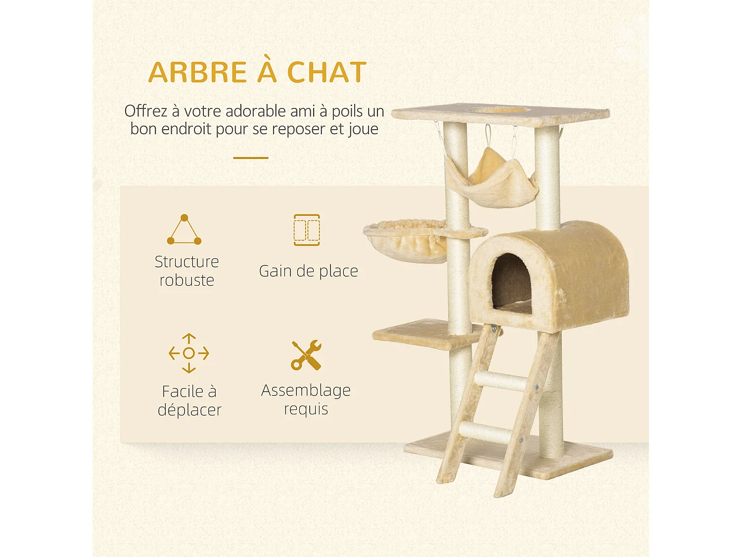 Arbre à chat griffoir arbre à grimper tour de jeu stable à plusieurs niveaux centre d'activités hauteur 98 cm beige