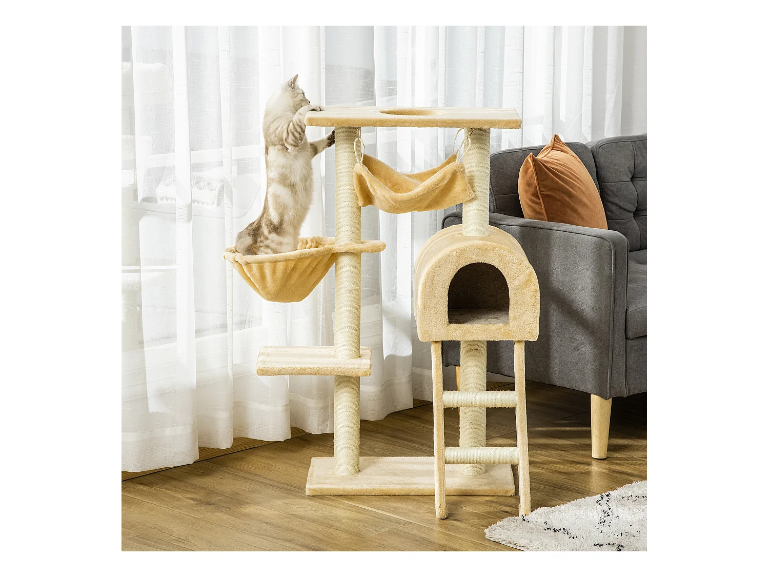 Arbre à chat griffoir arbre à grimper tour de jeu stable à plusieurs niveaux centre d'activités hauteur 98 cm beige