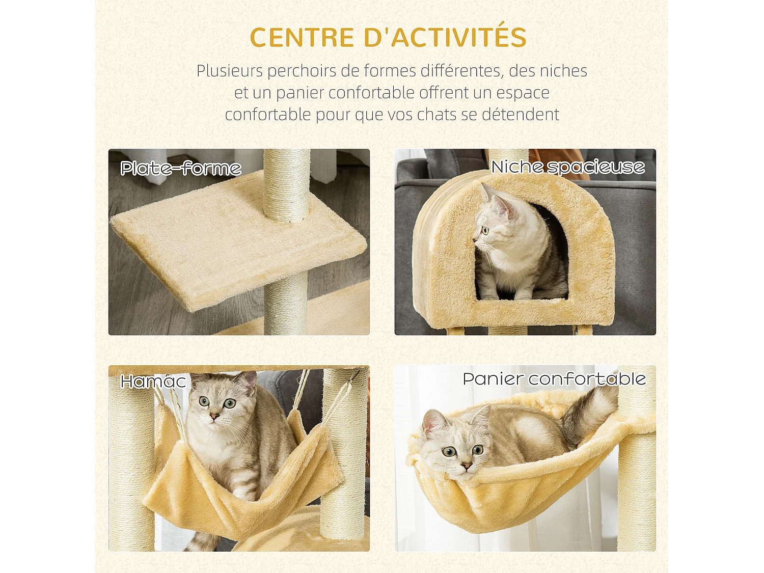 Arbre à chat griffoir arbre à grimper tour de jeu stable à plusieurs niveaux centre d'activités hauteur 98 cm beige