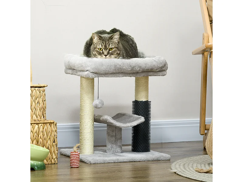Arbre à chat griffoirs sisal naturel et massant plateforme panier jeu boule suspendue peluche gris