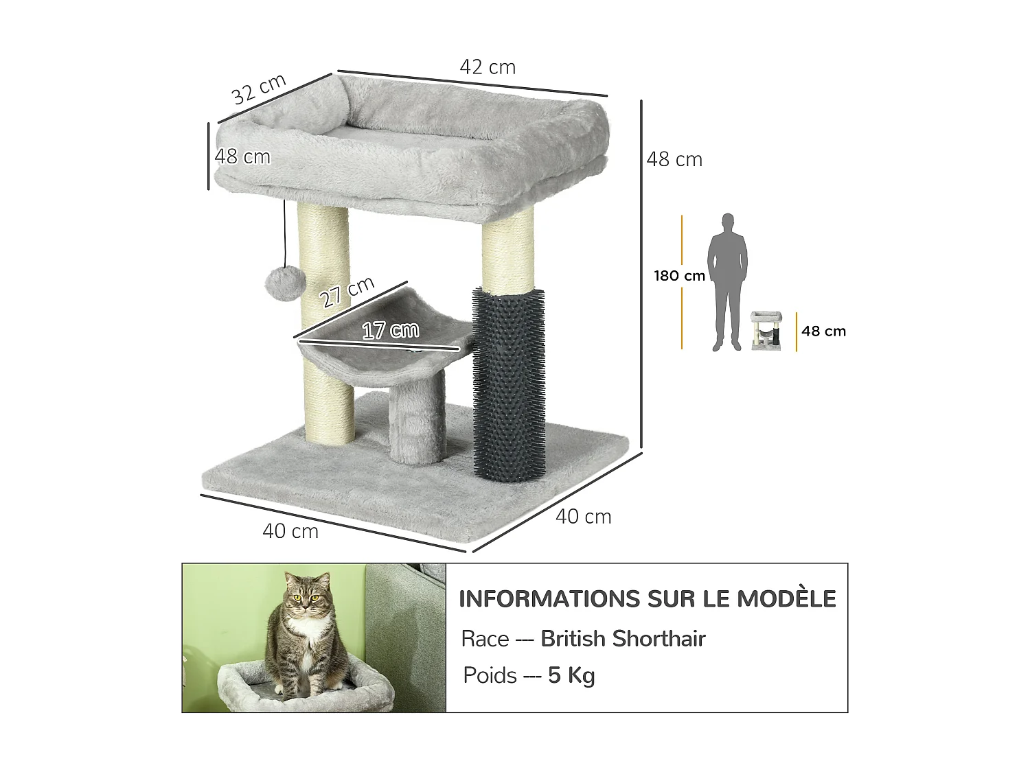 Arbre à chat griffoirs sisal naturel et massant plateforme panier jeu boule suspendue peluche gris