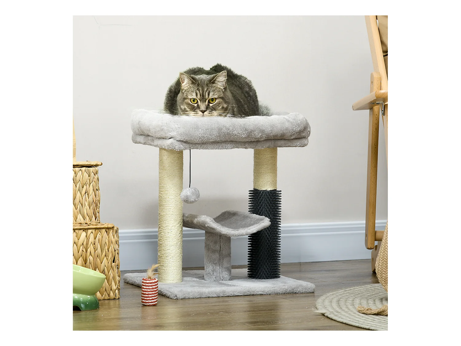 Arbre à chat griffoirs sisal naturel et massant plateforme panier jeu boule suspendue peluche gris