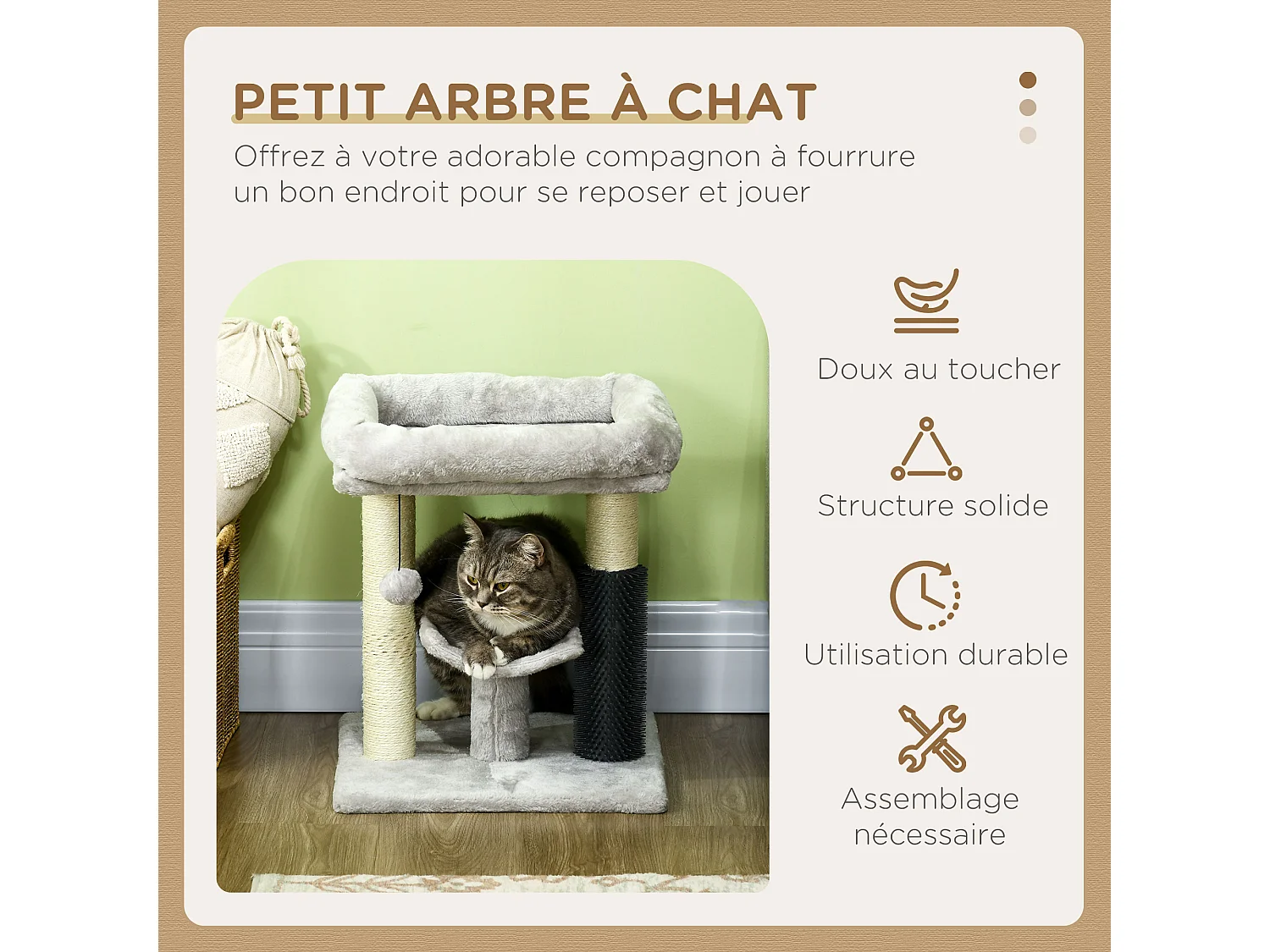 Arbre à chat griffoirs sisal naturel et massant plateforme panier jeu boule suspendue peluche gris