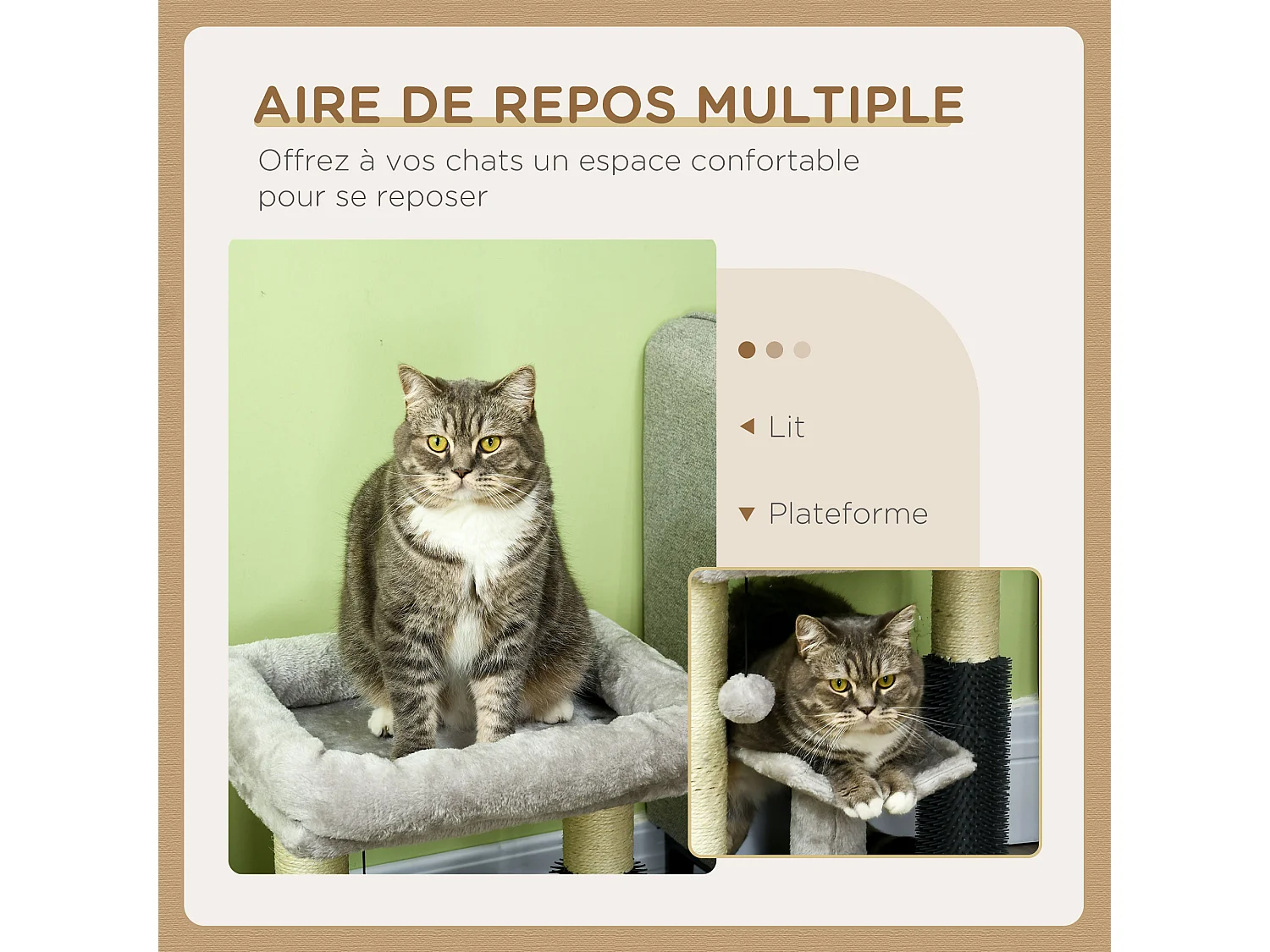 Arbre à chat griffoirs sisal naturel et massant plateforme panier jeu boule suspendue peluche gris