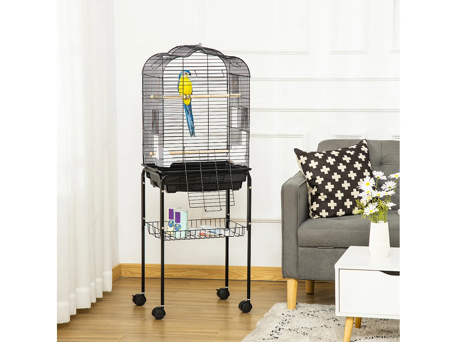 PawHut Cage à oieaux volière amovible ur roulette - toit ouvrant, tiroir déjection, 2 perchoir, 2 trappe, porte, 2 mangeoire, 2 poignée - étagère - acier PP noir