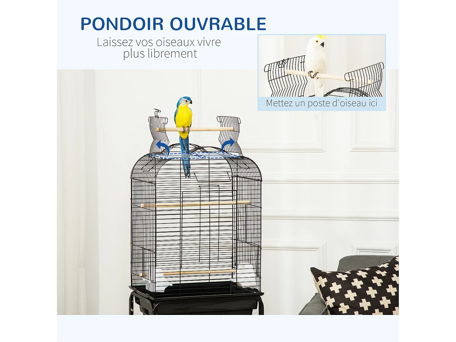 PawHut Cage à oieaux volière amovible ur roulette - toit ouvrant, tiroir déjection, 2 perchoir, 2 trappe, porte, 2 mangeoire, 2 poignée - étagère - acier PP noir