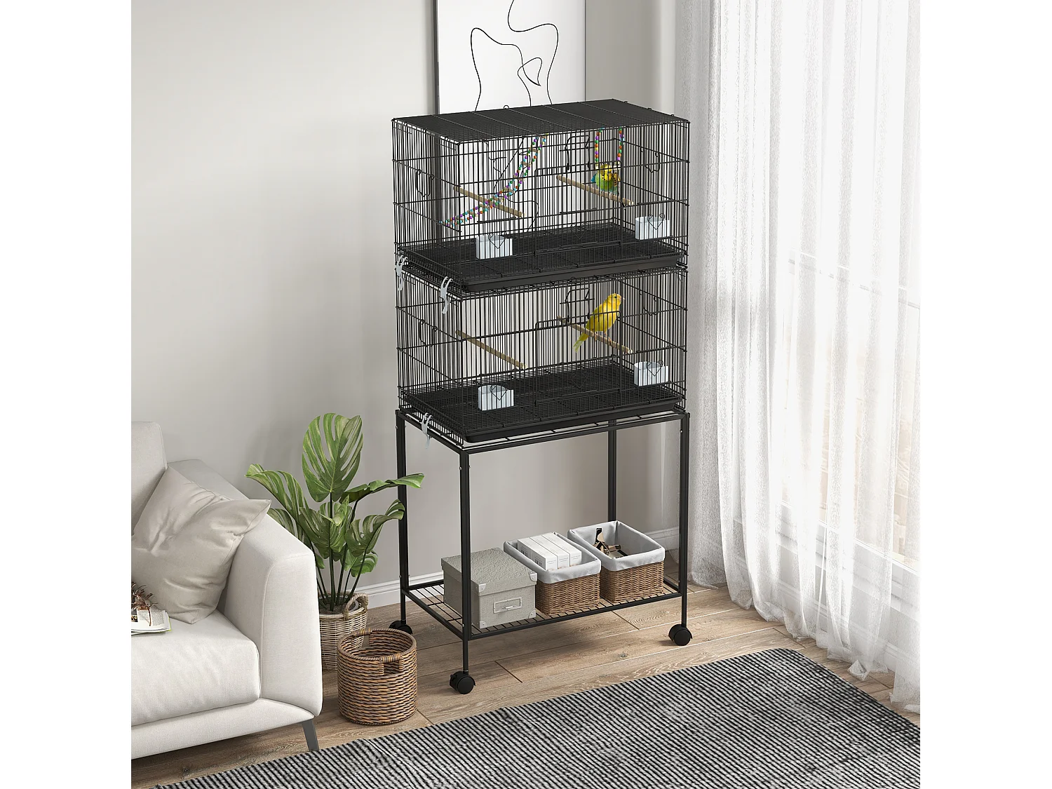 Double cage à oiseaux sur roulettes - étagère, plateau déjection, 4 perchoirs, 4 mangeoirs, poignée - dim. 77L x 46l x 164H cm acier noir