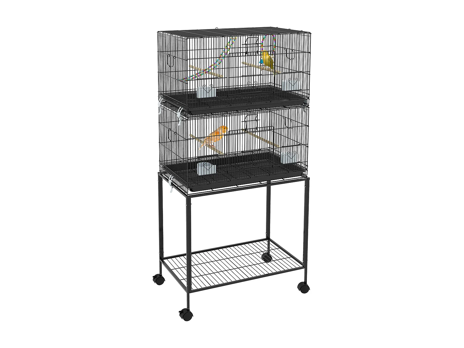Double cage à oiseaux sur roulettes - étagère, plateau déjection, 4 perchoirs, 4 mangeoirs, poignée - dim. 77L x 46l x 164H cm acier noir