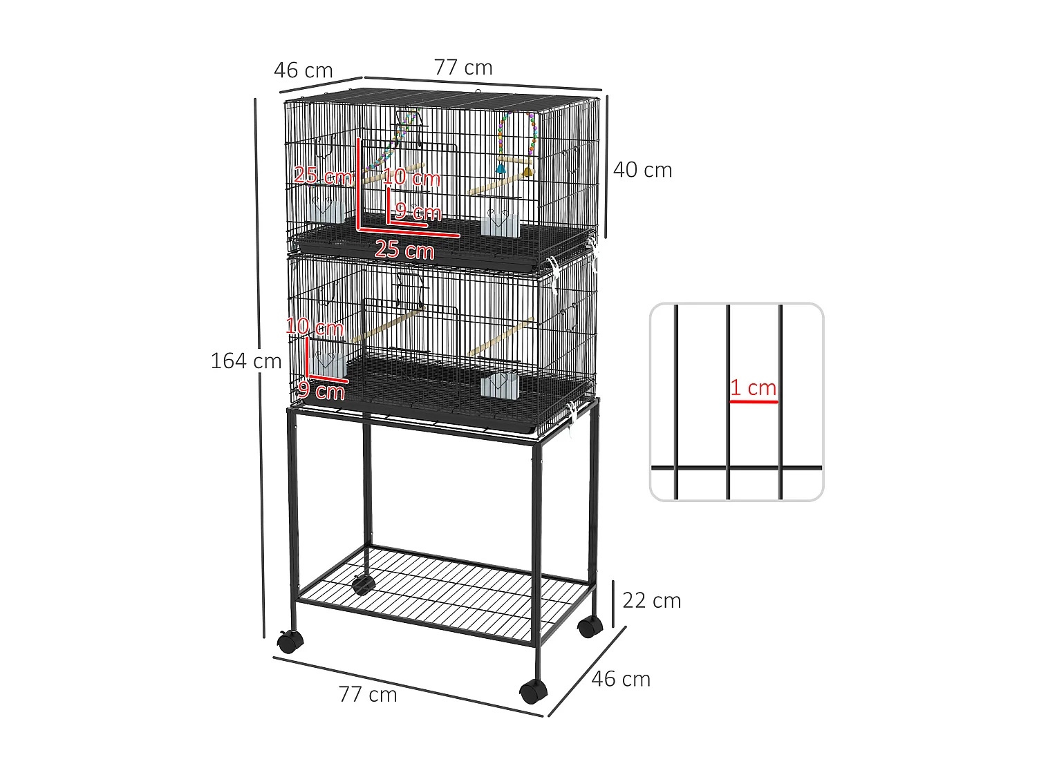 Double cage à oiseaux sur roulettes - étagère, plateau déjection, 4 perchoirs, 4 mangeoirs, poignée - dim. 77L x 46l x 164H cm acier noir