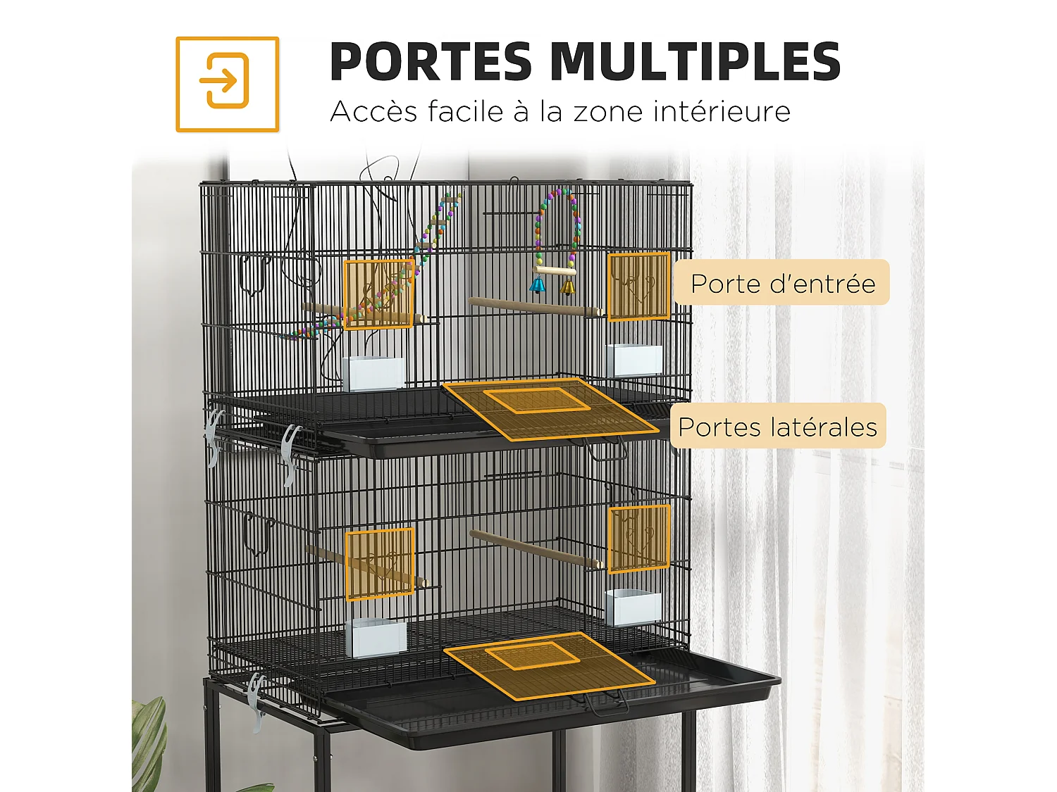 Double cage à oiseaux sur roulettes - étagère, plateau déjection, 4 perchoirs, 4 mangeoirs, poignée - dim. 77L x 46l x 164H cm acier noir