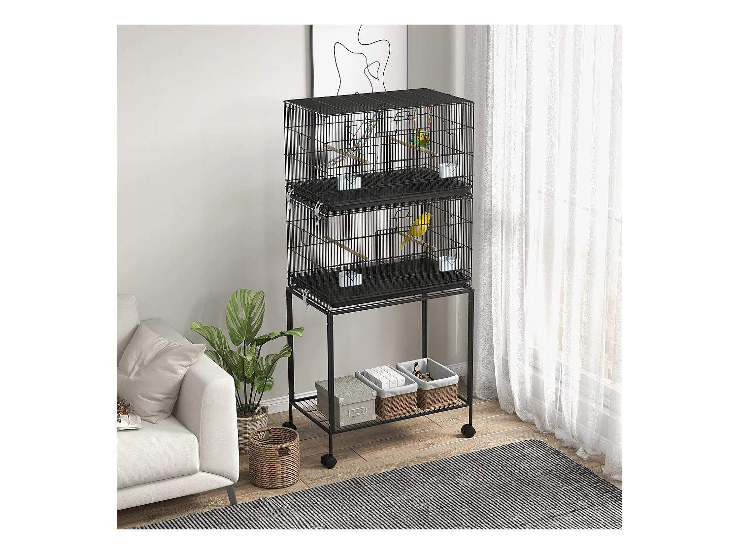 Double cage à oiseaux sur roulettes - étagère, plateau déjection, 4 perchoirs, 4 mangeoirs, poignée - dim. 77L x 46l x 164H cm acier noir