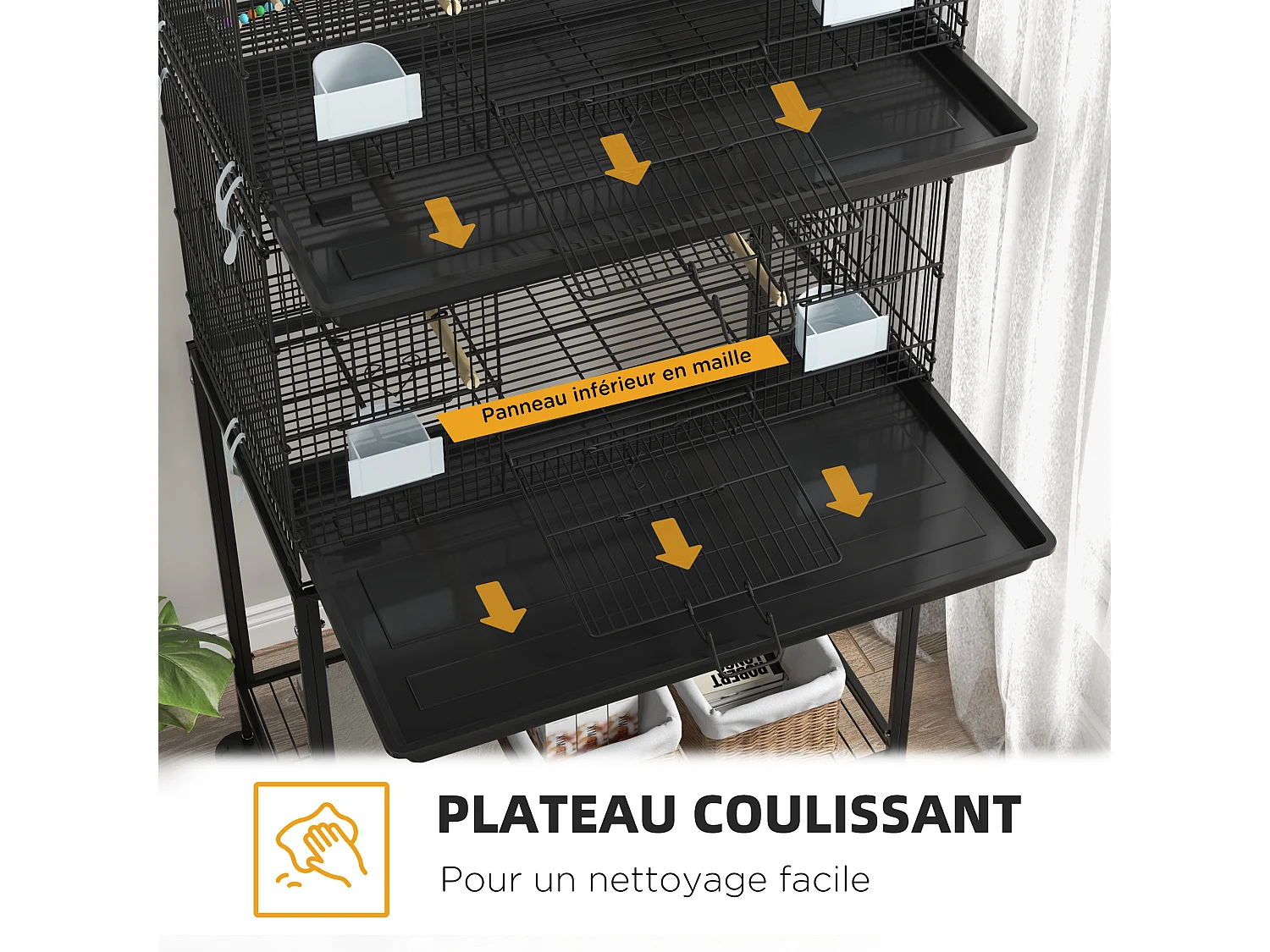 Double cage à oiseaux sur roulettes - étagère, plateau déjection, 4 perchoirs, 4 mangeoirs, poignée - dim. 77L x 46l x 164H cm acier noir