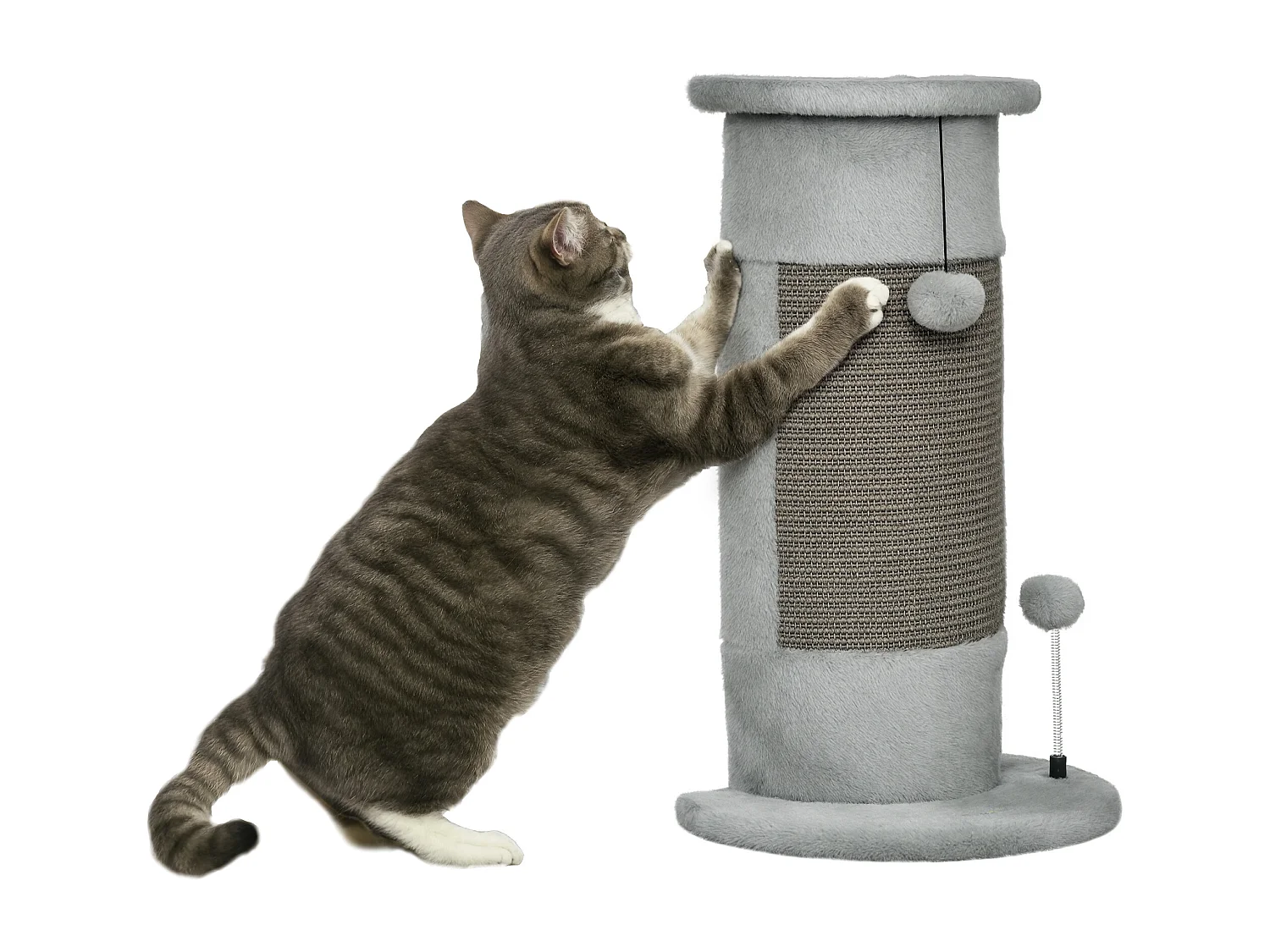 Griffoir grattoir poteau angle 58H cm design jeu boule suspendue + boule sur ressort peluche jute naturelle gris