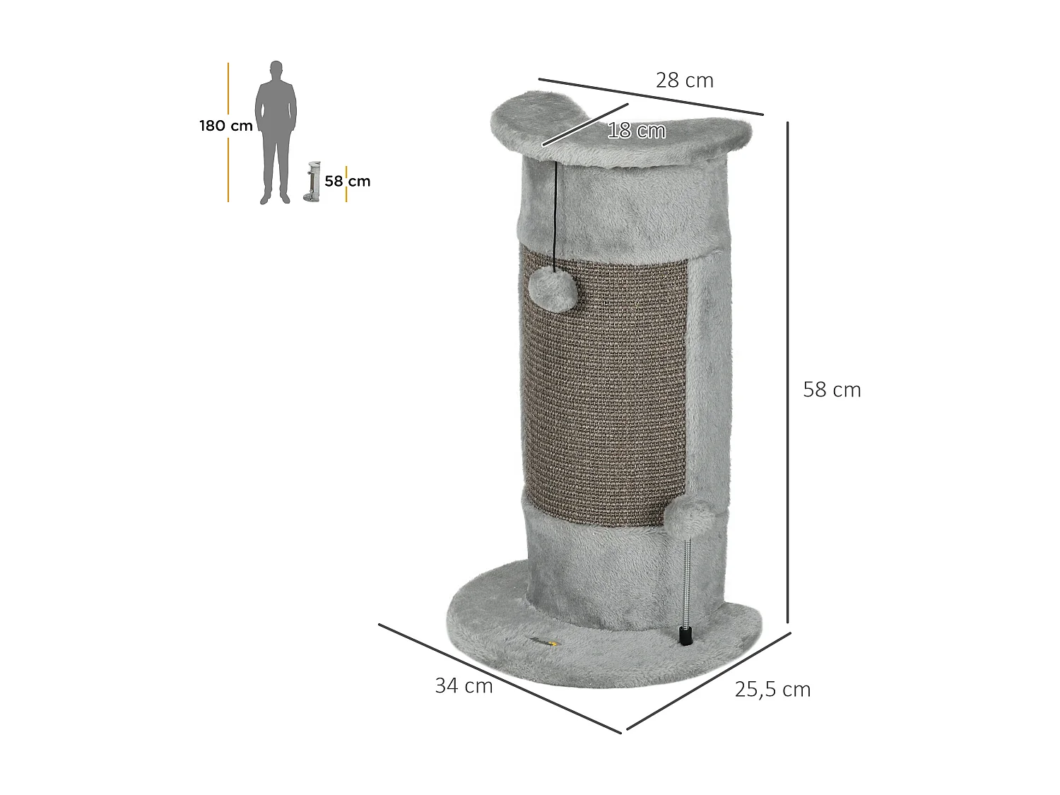 Griffoir grattoir poteau angle 58H cm design jeu boule suspendue + boule sur ressort peluche jute naturelle gris