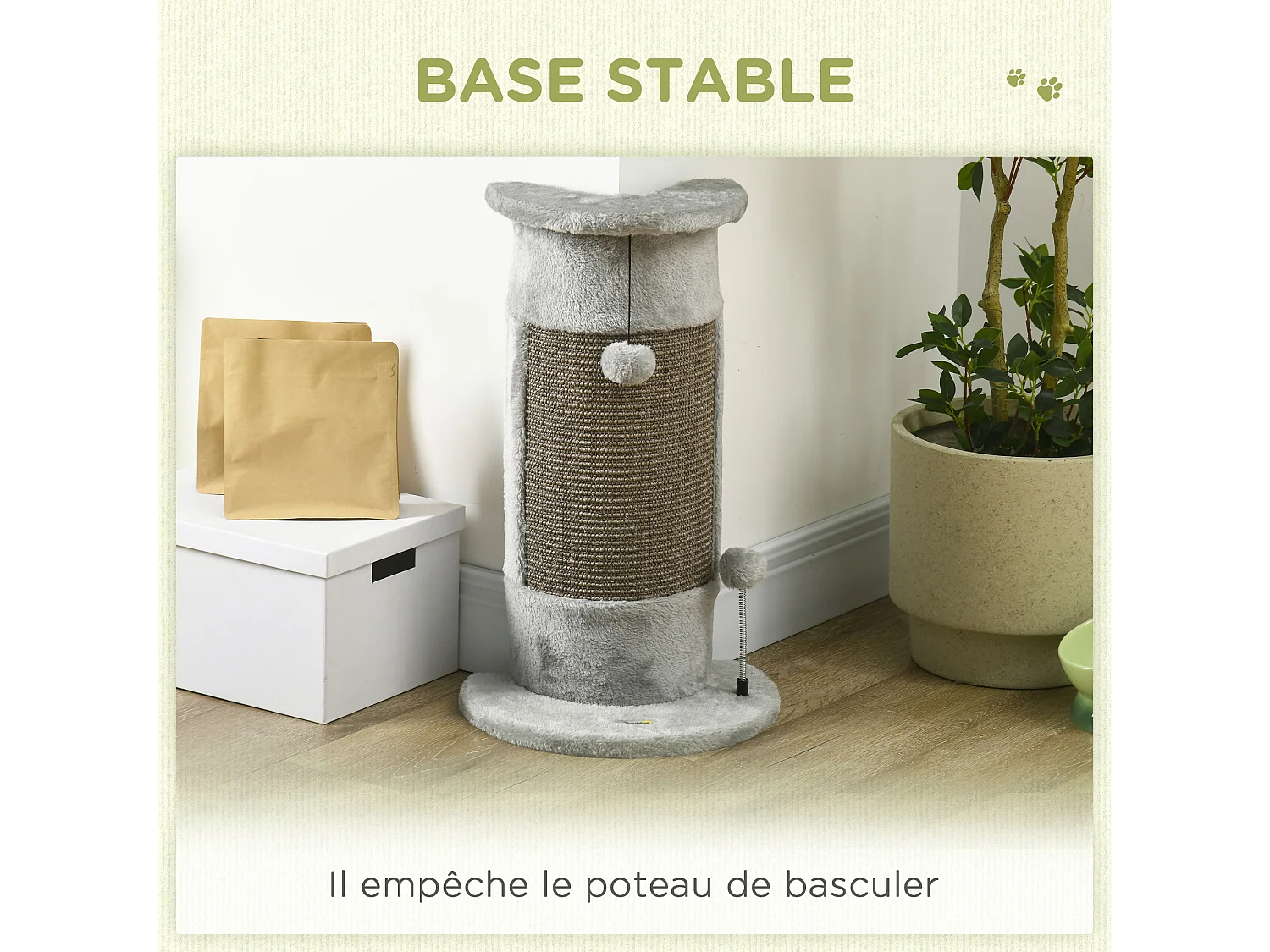 Griffoir grattoir poteau angle 58H cm design jeu boule suspendue + boule sur ressort peluche jute naturelle gris