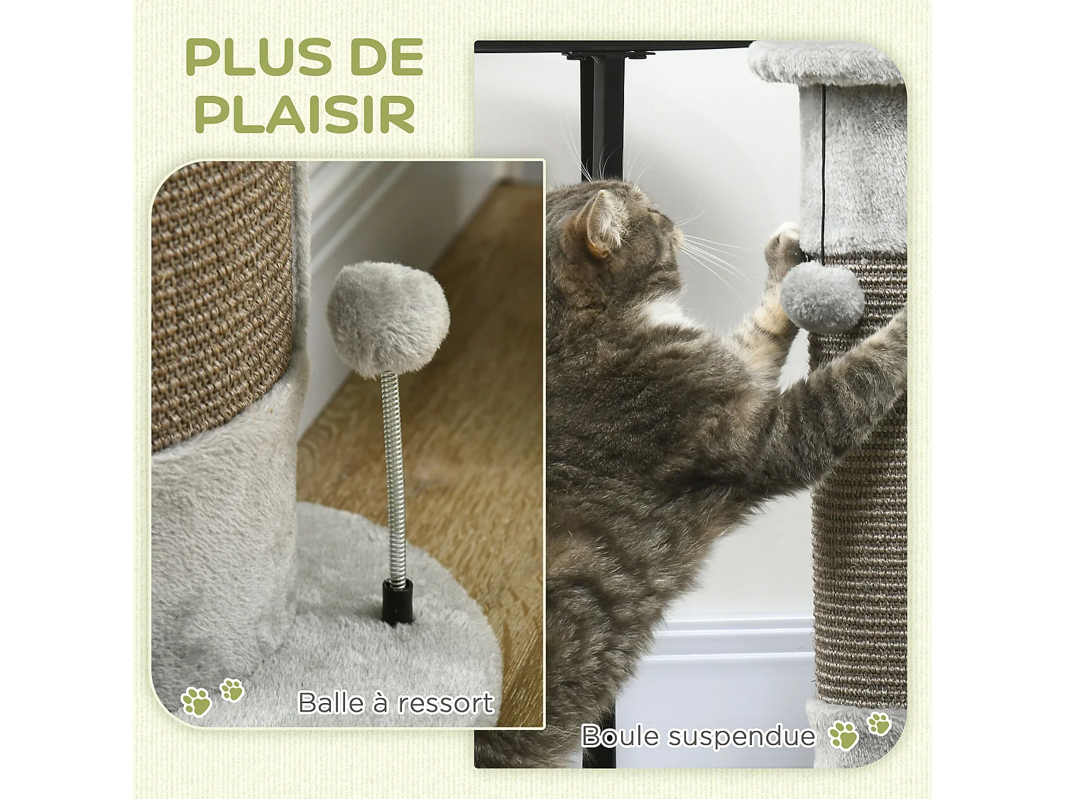 Griffoir grattoir poteau angle 58H cm design jeu boule suspendue + boule sur ressort peluche jute naturelle gris