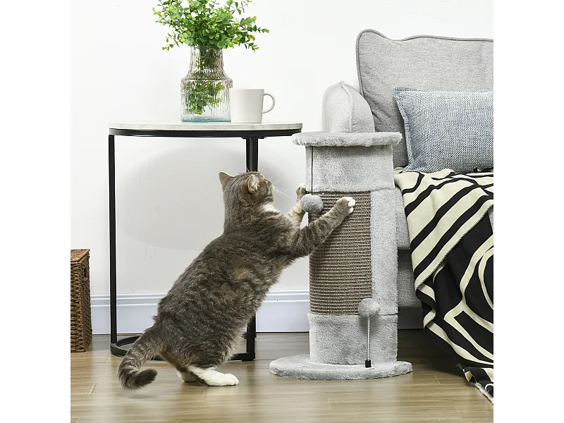 Griffoir grattoir poteau angle 58H cm design jeu boule suspendue + boule sur ressort peluche jute naturelle gris