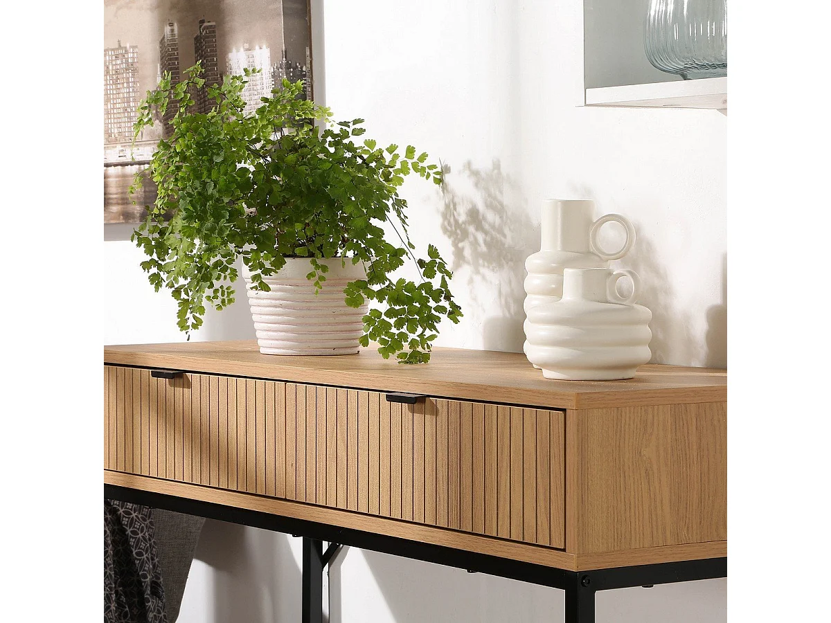 Console 2 Cassetti Frontale Effetto Legno a Scanalature - L100 cm