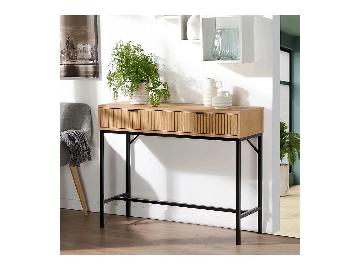 Konsole 2 Schubladen Front Effekt Holz mit Rillen - L100 x H80 cm