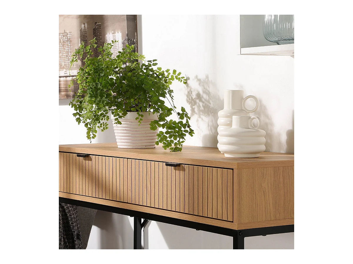 Konsole 2 Schubladen Front Effekt Holz mit Rillen - L100 x H80 cm