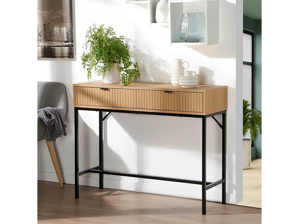 Console table with 2 drawers, grooved wood-effect front, 100cm wide x 80cm high - TARA