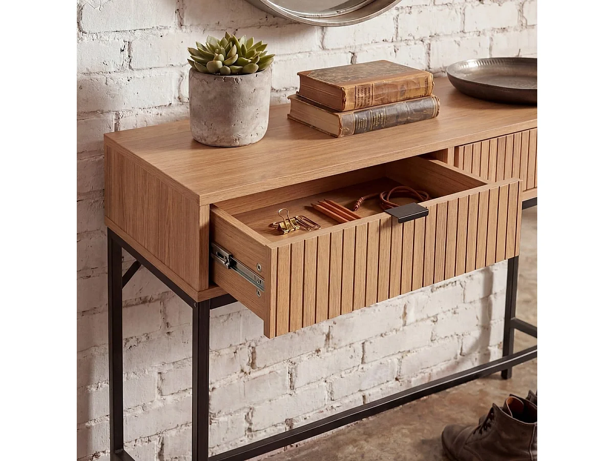 Console table with 2 drawers, grooved wood-effect front, 100cm wide x 80cm high - TARA