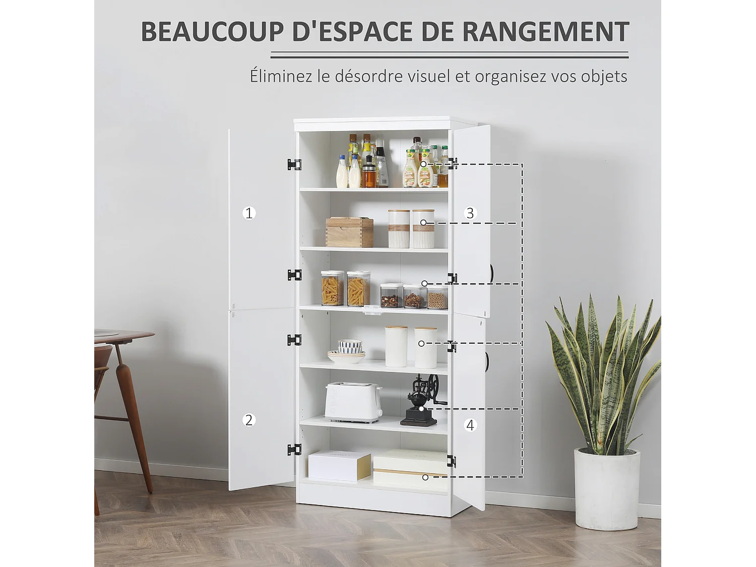 Armoire de cuisine buffet de salle à manger avec 4 portes 6 étagères de rangement style moderne 76 x 40 x 177 cm blanc