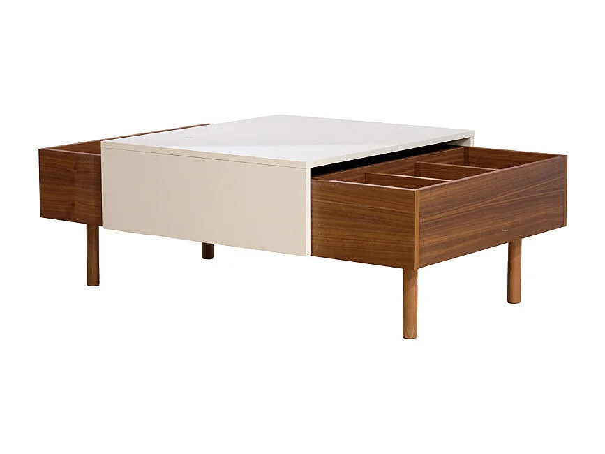 Table basse plaquée noyer et plateau coulissant crème - ZOULI 7484