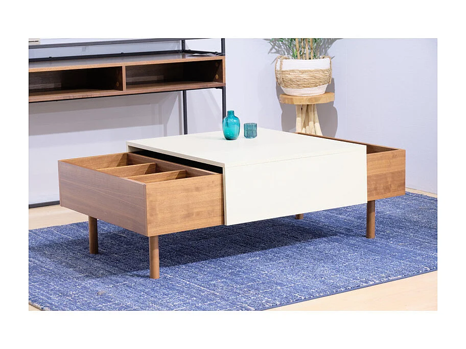 Table basse plaquée noyer et plateau coulissant crème - ZOULI 7484