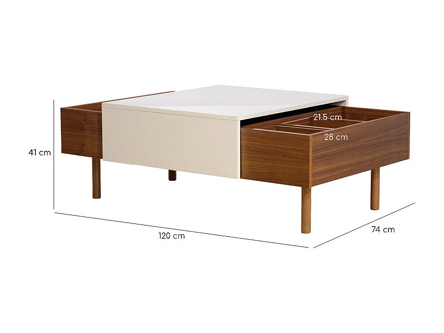 Table basse plaquée noyer et plateau coulissant crème - ZOULI 7484